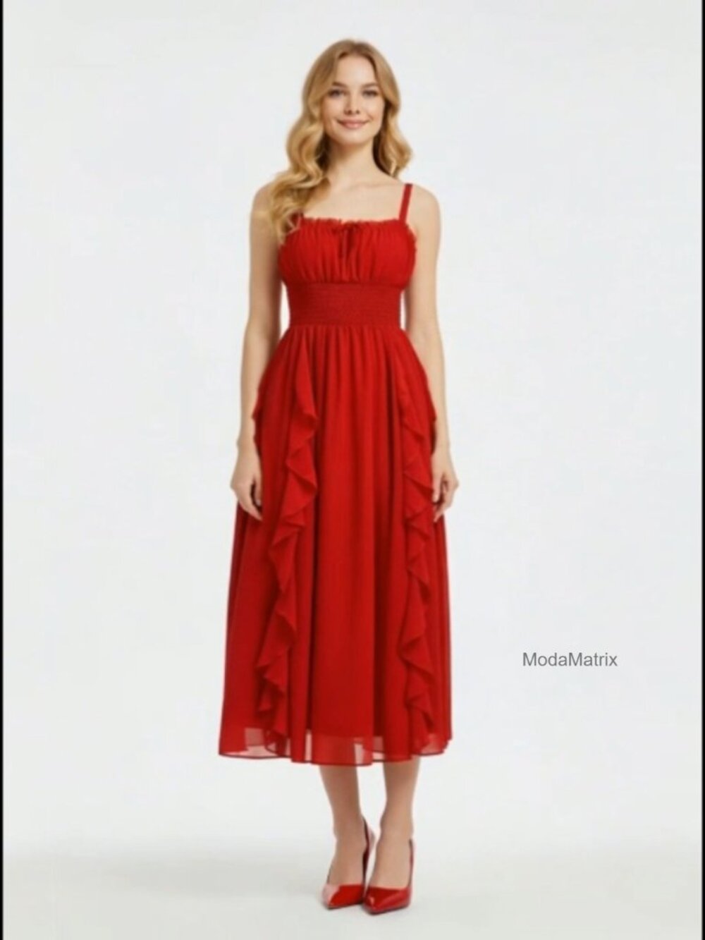 Girls Sleeveless Ruched Ruffle Hem A Line Spaghetti Strap Flowy Sundress Long - Picture 5 of 5